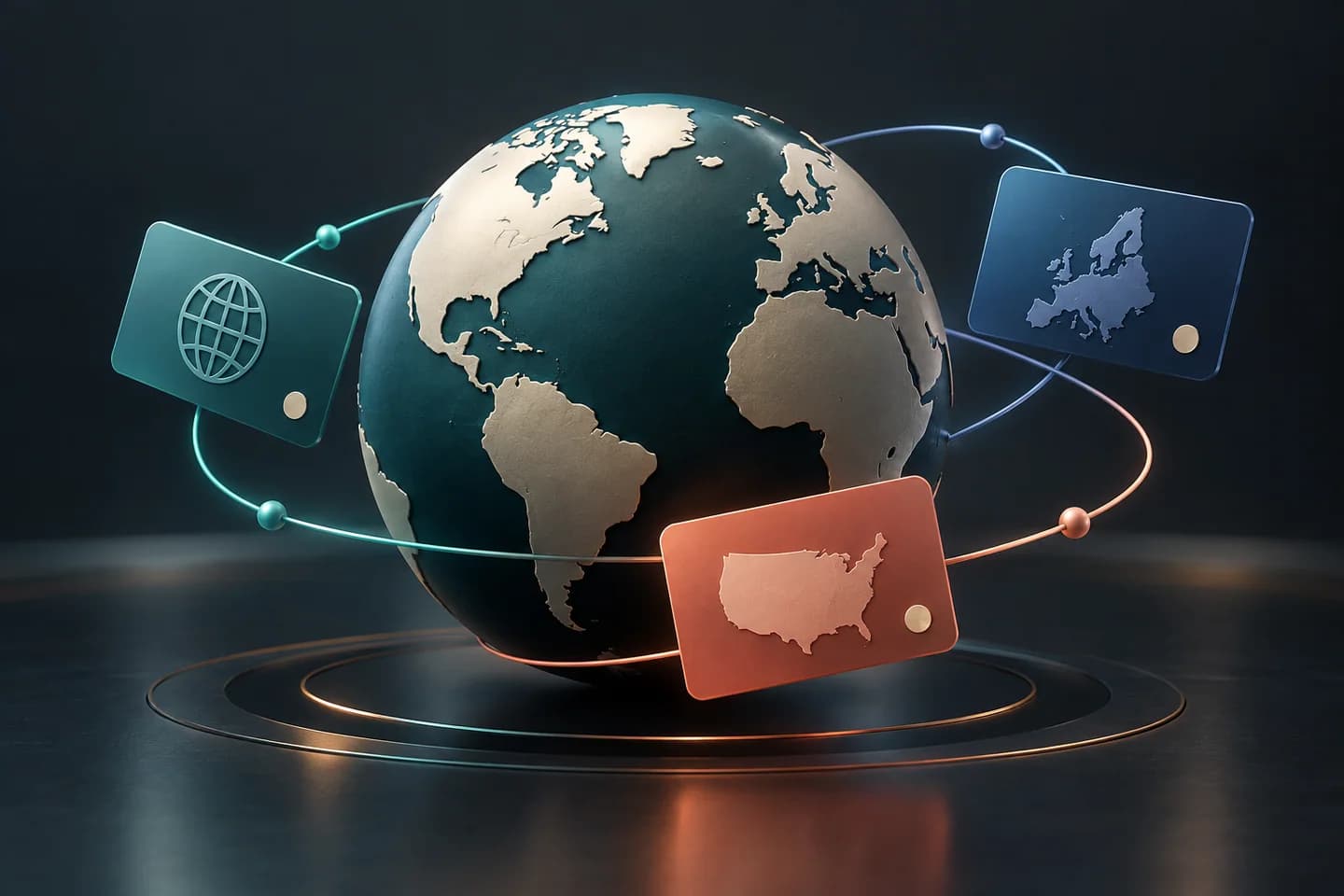 A globe connected to digital region cards
