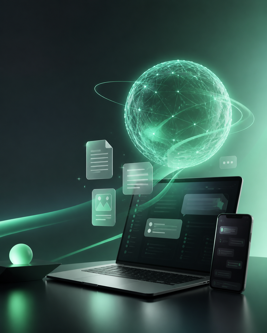 Luminous digital intelligence above a laptop and phone