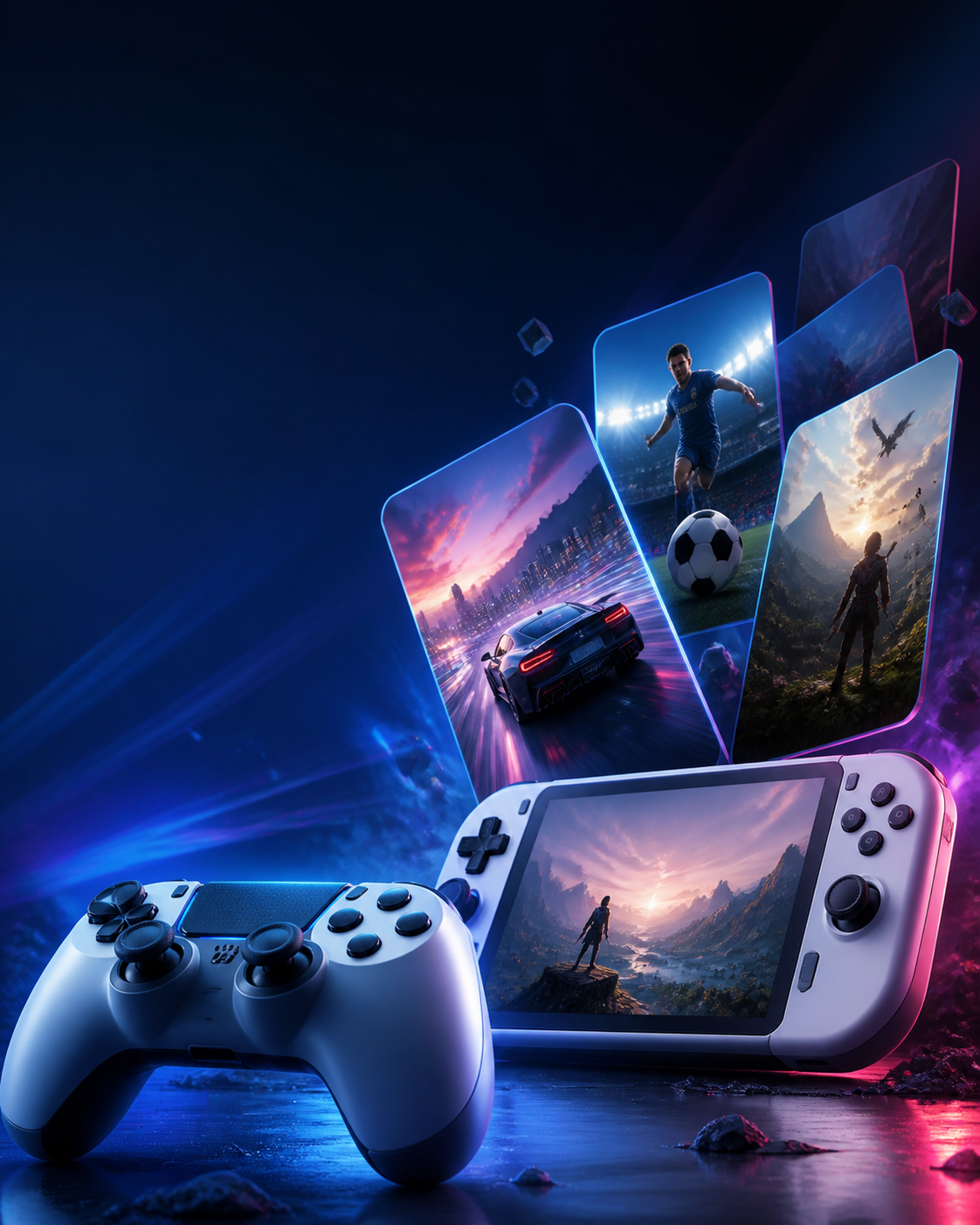 Game controller and handheld console surrounded by game worlds