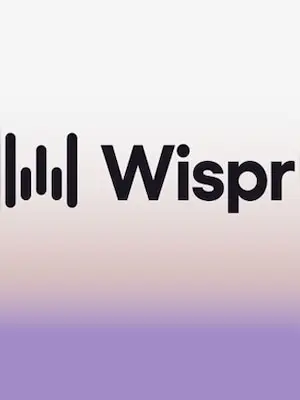 Тёмная надпись Wispr и символ звуковой волны над сиреневым градиентом